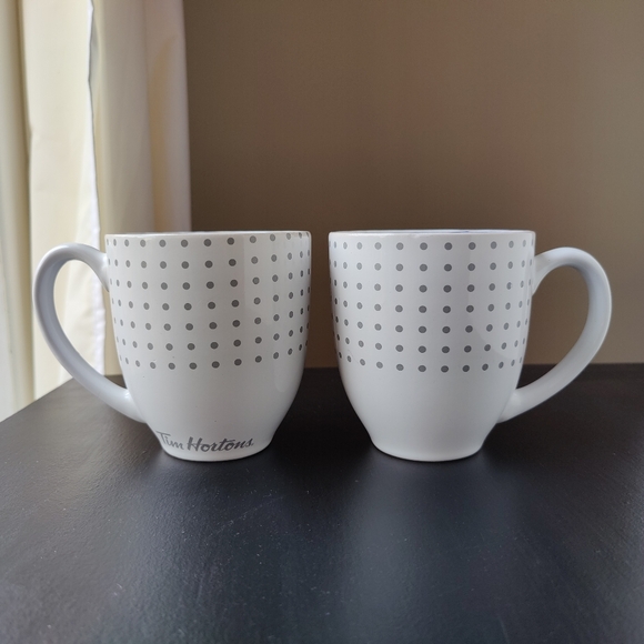 2 Tim Hortons coffee mugs | 2017 | 🤍💙🩶 white grey polka dots | 12 oz - Picture 3 of 13